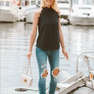 Olivia Grey Navy Lace High Neck Sleeveless Blouse XS